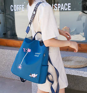 Рюкзак сумка антизлодій з вишивкою квіточок жіночий синій Код 10-0120