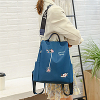 Рюкзак сумка антивор с вышивкой цветочек женский городской синий Код 10-0124