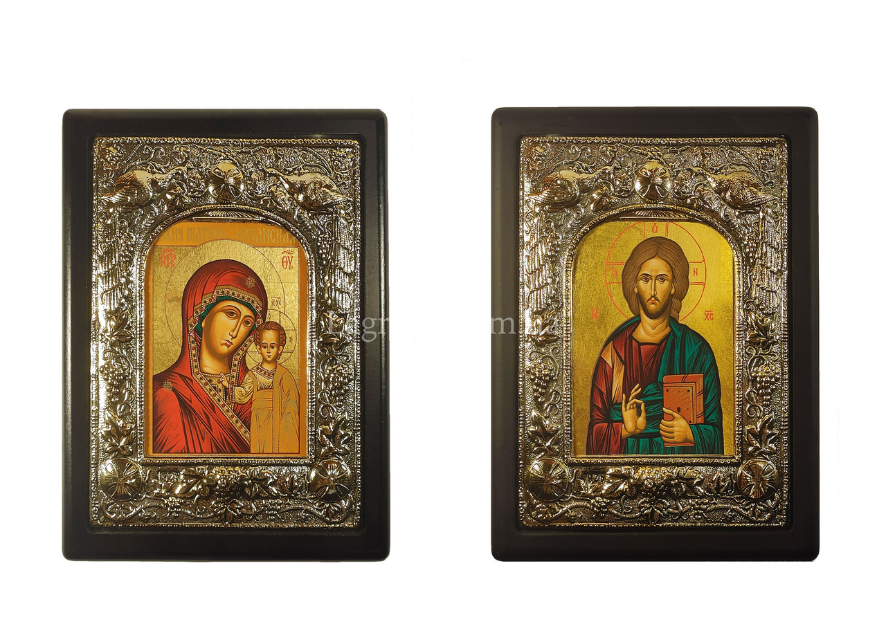 Ікона у сріблі вінчальна пара Ісус Христос та Божа Матір Казанська 18 Х 22,5 см