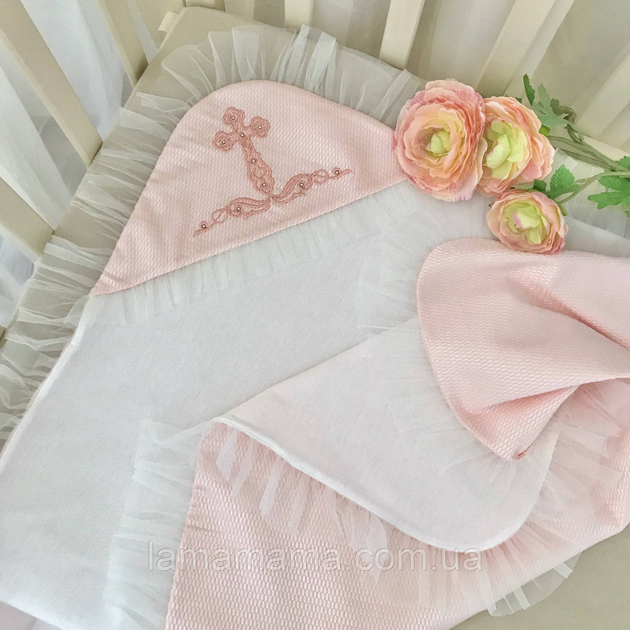 Крижма для хрещення "Елеганс" подвійний Жакард, кулір 75х80 см Корал BetiS, фото 1