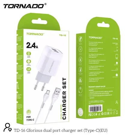 Мережевий зарядний пристрій Tornado TD-16 (2USB/2.4A/1м) + USB кабель Type-C- білий