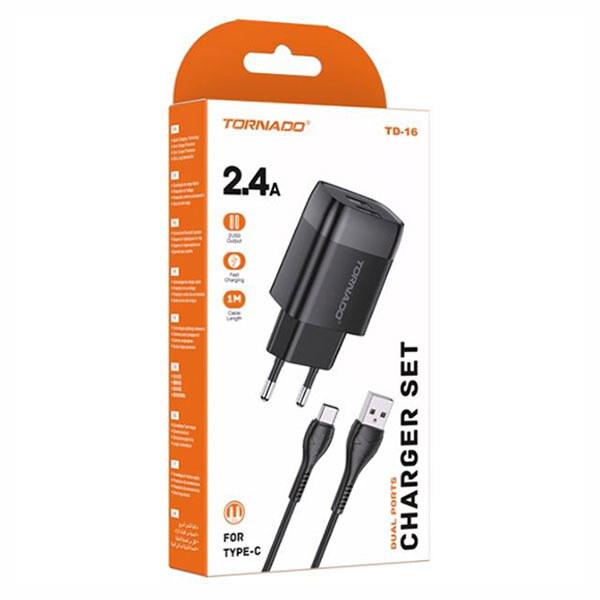 Мережевий зарядний пристрій Tornado TD-16 (2USB/2.4A/1м) + USB кабель Type-C- чорний
