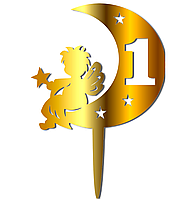 Золотой Топпер "Ангел на Месяце 1" На Годик из Зеркального Золотого Полистирол Зеркальный Акрил Золото