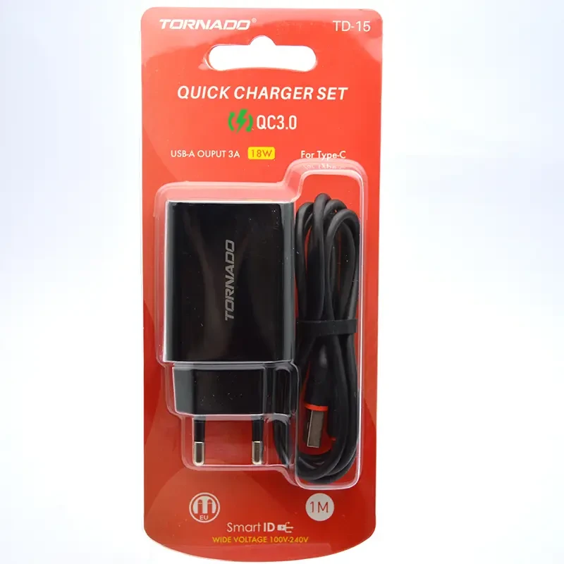 Мережевий зарядний пристрій Tornado TD-15 (1USB/QC3.0/1м) + USB кабель micro- чорний