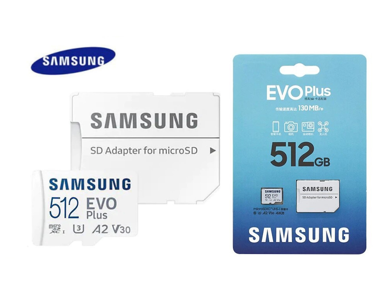 Картка пам'яті Samsung 512 GB EVO PLUS 130MB/S MICROSDXC UHS-I U3 4K V30 A2 + SD адаптер