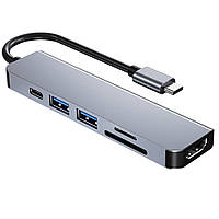 USB HUB YME006 Type-C to 2 USB / Type-C / HDMI / SD / Micro SD 6 in 1, Gray