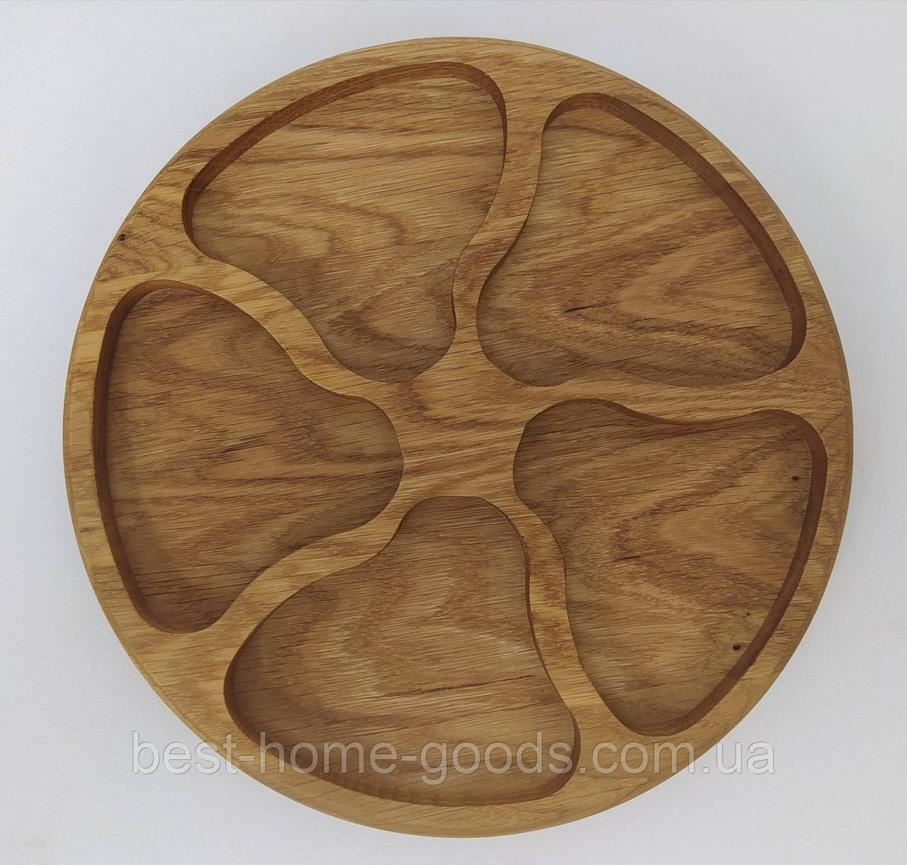 Дерев’яна тарілка менажниця з дуба на 5 секцій d25 см — натуральний посуд ручної роботи для подачі страв, фото 1