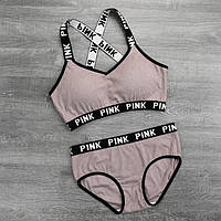 Женский комплект Pink, Спортивный комплект Pink", топ со съемным сплошным поролоном-корректором. Коричнево-Розовый