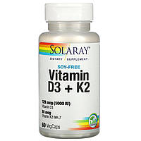 Витамин Д3 + К2 без сои Solaray (Vitamin D3 + K2) 60 вегетарианских капсул