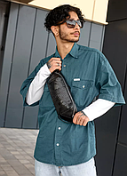 Повсякденна чоловіча бананка через плече з екошкіри під крокодила, Чоловіча чорна містка бананка.