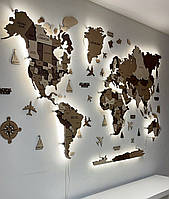 Деревянная 3D карта мира цвет кемел