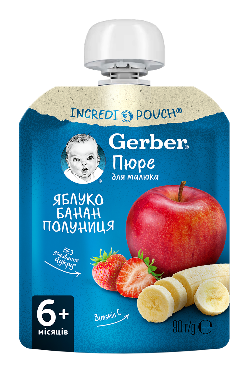Фруктове пюре GERBER "Яблуко, банан, полуниця", 90г