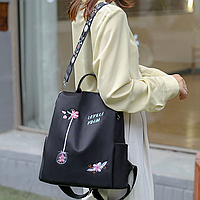Рюкзак сумка антивор с вышивкой цветочек женский городской черный Код 10-0127
