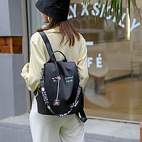 Рюкзак сумка антивор с вышивкой цветочек женский городской черный Код 10-0128