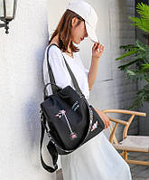 Рюкзак сумка антизлодій з вишивкою квіточок жіночий чорний Код 10-0126