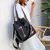 Рюкзак сумка антивор с вышивкой цветочек женский городской черный Код 10-0129