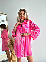 Подовжена домашня сорочка жіноча шовк сатин Christel 131 в смужку малина рожева, розмір L
