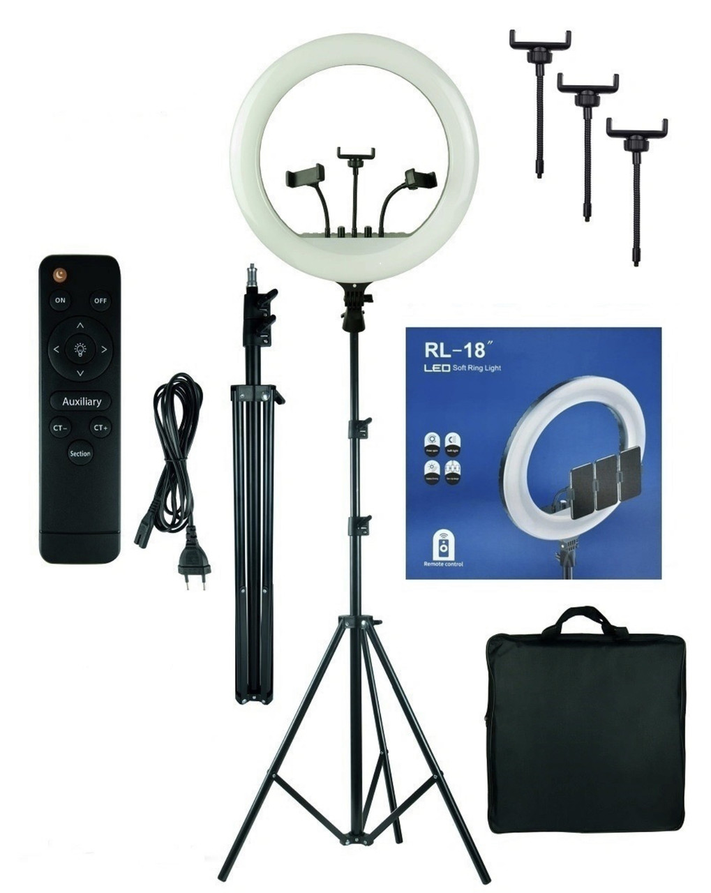 Кільцева LED лампа RL-18 на 55Вт. (Діаметр – 45см.) – штатив 210 см. + 3 шт. тримача + пульт + сумка-чохол, фото 1