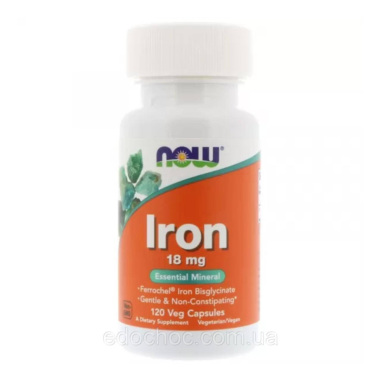 Залізо, Iron, Now Foods, 18 мг, 120 вегетаріанських капсул NOW-01443