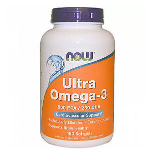 Супер омега 3, Ultra Omega-3, Now Foods, 500 EPA / 250 DHA, 180 капсул з кишковорозчинною оболонкою NOW-01662