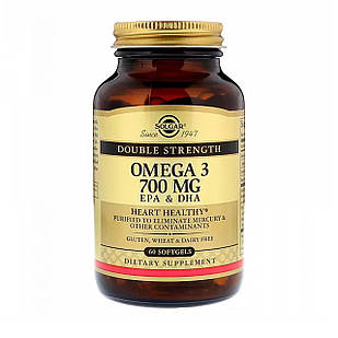 Омега-3, риб'ячий жир, Omega-3, EPA & DHA, Solgar, подвійна сила, 700 мг, 60 гелевих капсул SOL-02051