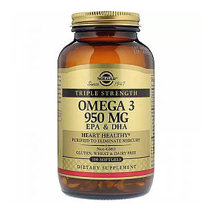 Омега-3, риб'ячий жир, Omega-3, EPA & DHA, Solgar, потрійна сила, 950 мг, 100 гелевих капсул