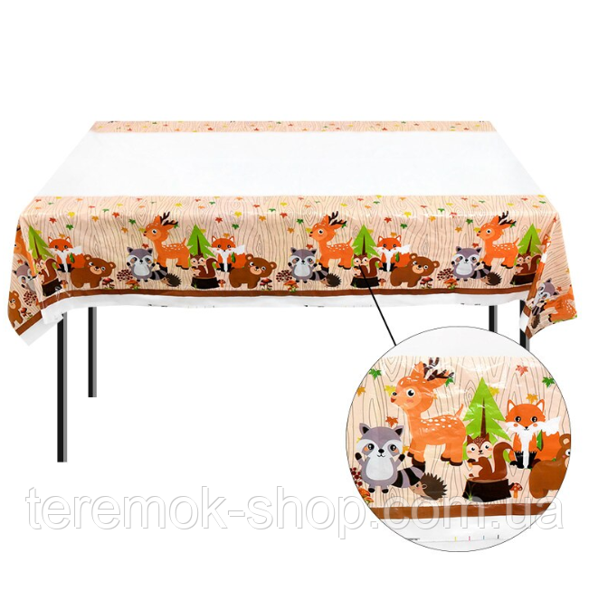 Скатертина одноразова з малюнком Лісові звірі, поліетиленова дитяча 108х180 см, фото 1