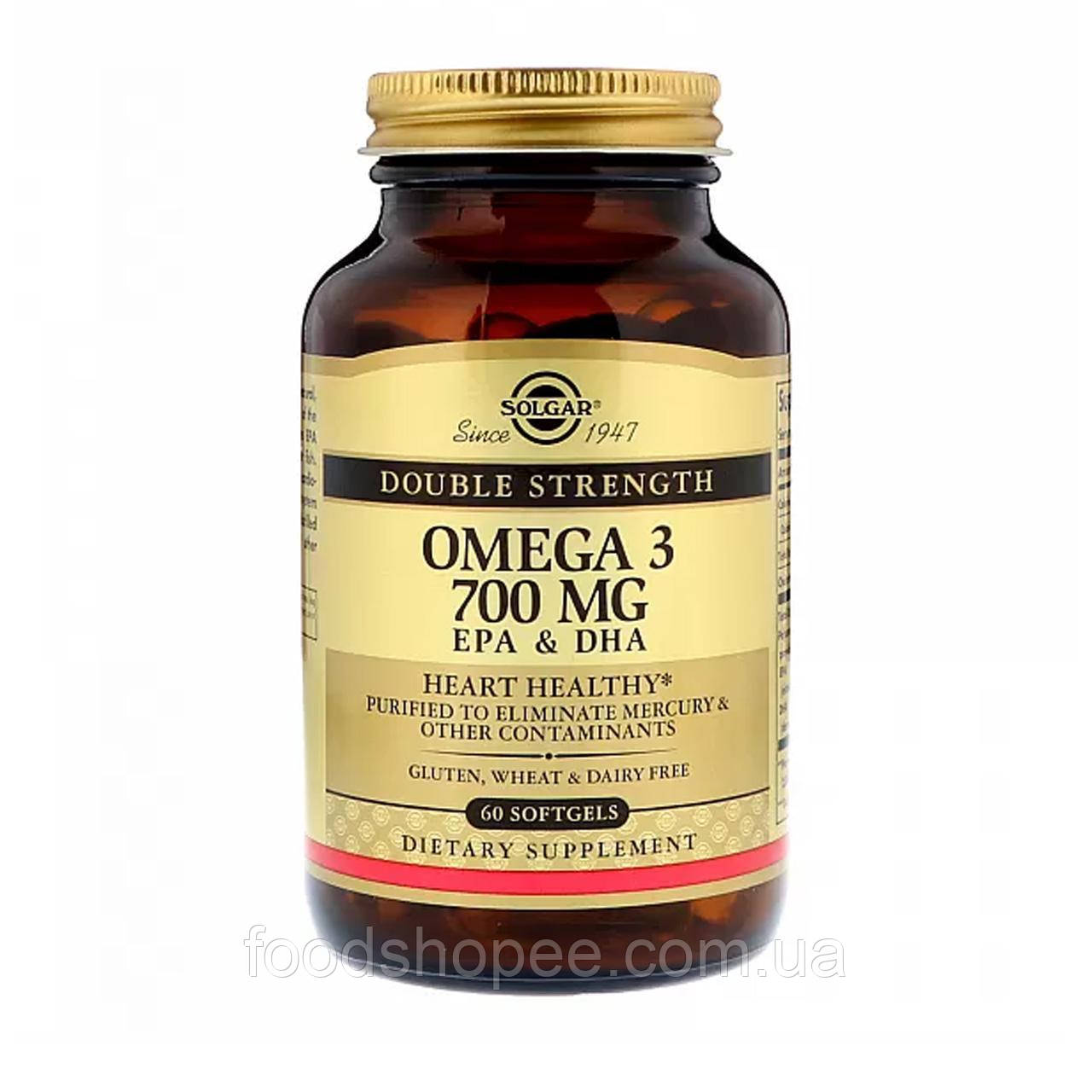 Омега-3, риб'ячий жир, Omega-3, EPA & DHA, Solgar, подвійна сила, 700 мг, 60 гелевих капсул SOL-02051