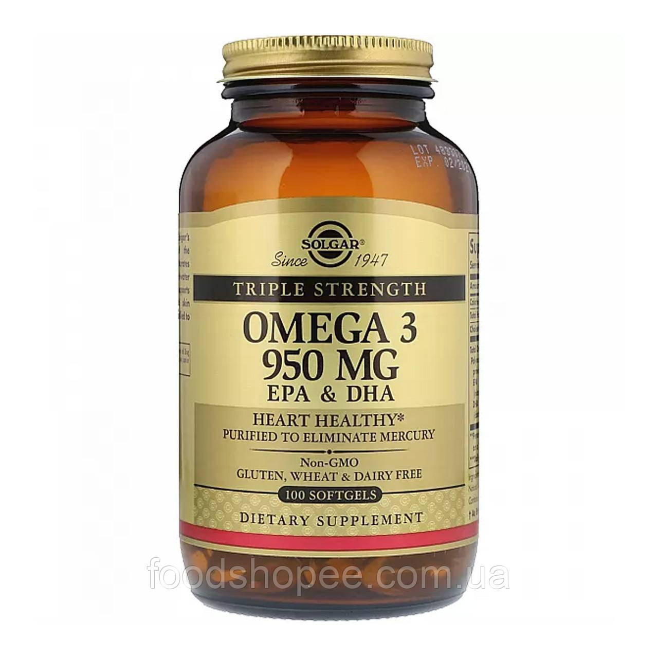 Омега-3, риб'ячий жир, Omega-3, EPA & DHA, Solgar, потрійна сила, 950 мг, 100 гелевих капсул