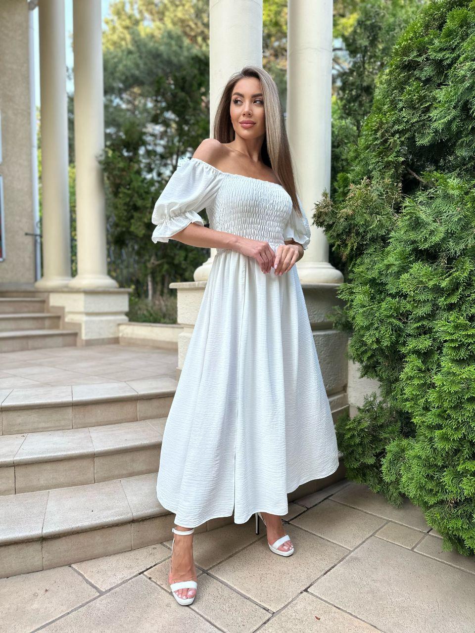 Жіноча сукня міді Прованс з коротким рукавом ліхтариком і розрізом на нозі з креп жатки Smslip8532