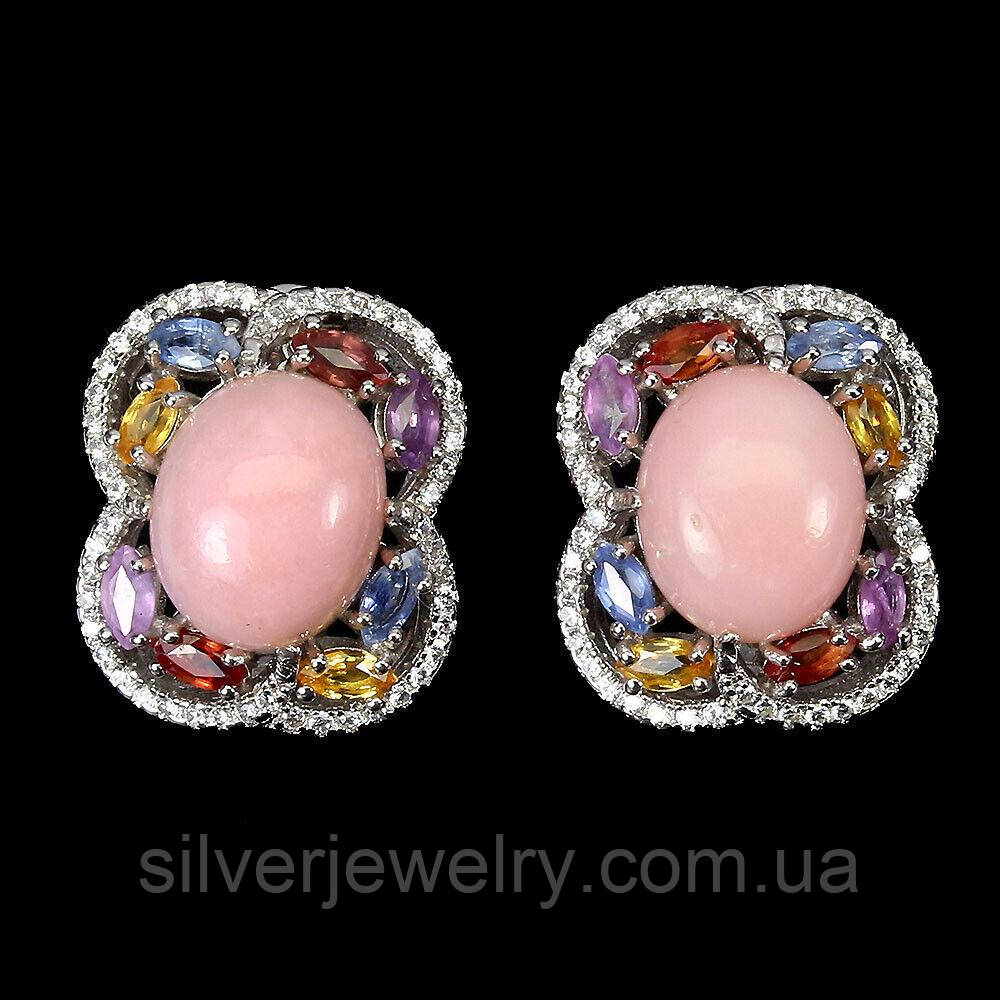 Срібні сережки з рожевим ОПАЛОМ і САПФІРАМИ (натуральний), срібло 925 пр.