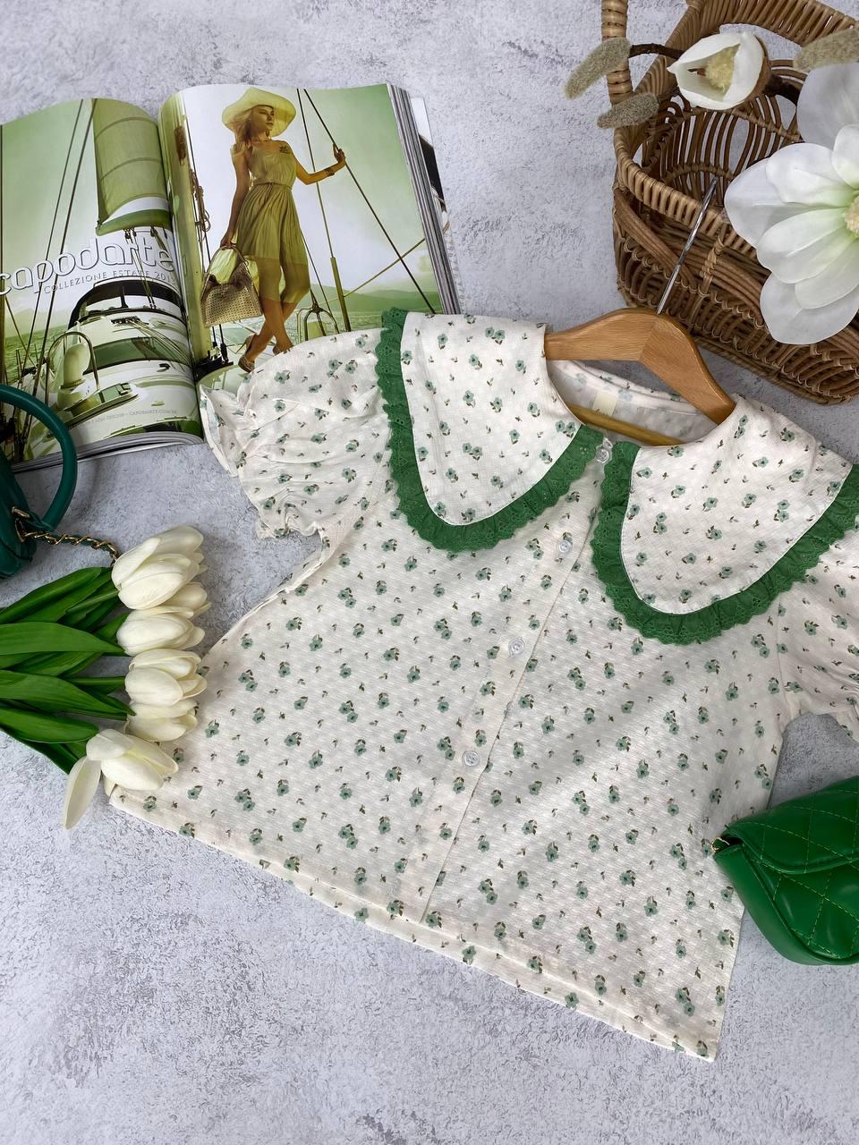 Літня блузка з коротким рукавом на дівчинку у квіти Зелений 23813 95, Linuo, Зелёный, Девочка, Лето, 4 года, фото 1