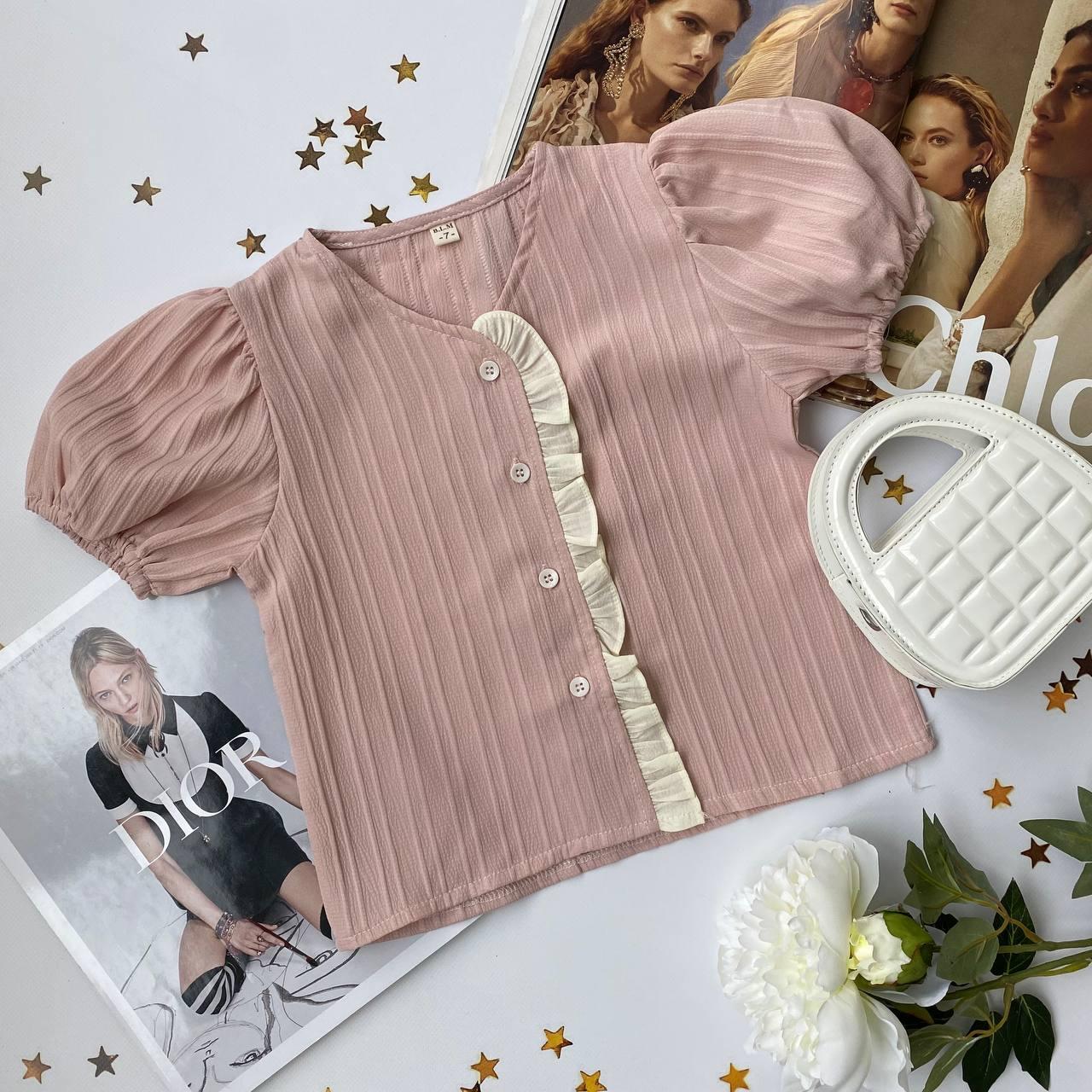 Літня блузка з коротким рукавом на дівчинку з білою рюшею Пудровий 2333 100, B.L.M, Пудровый, Девочка, Лето, 4 года, фото 1