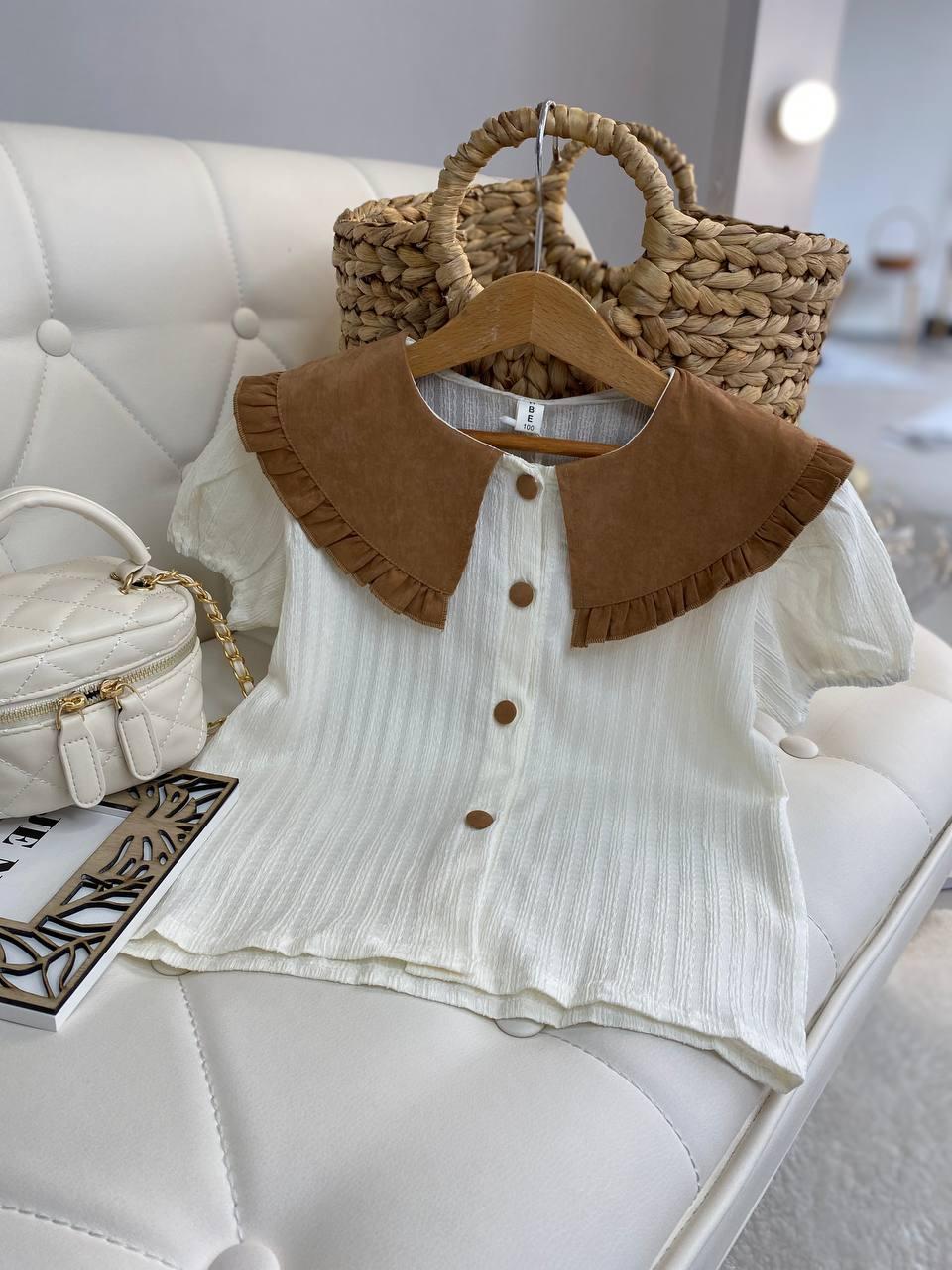 Літня блузка з коротким рукавом на дівчинку з коміром Молочний 2318, Молочний, Для дівчаток, Літо, 110, фото 1