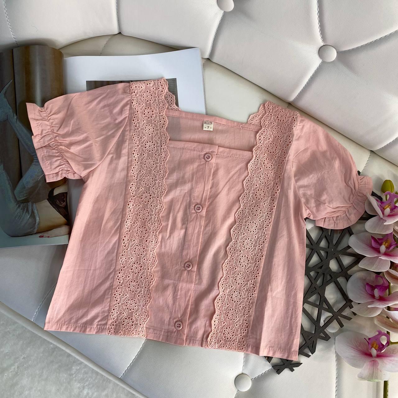 Літня блузка з коротким рукавом на дівчинку з мереживом Персикова 2109, 30, Персиковий, Для дівчаток, Літо, 104, фото 1