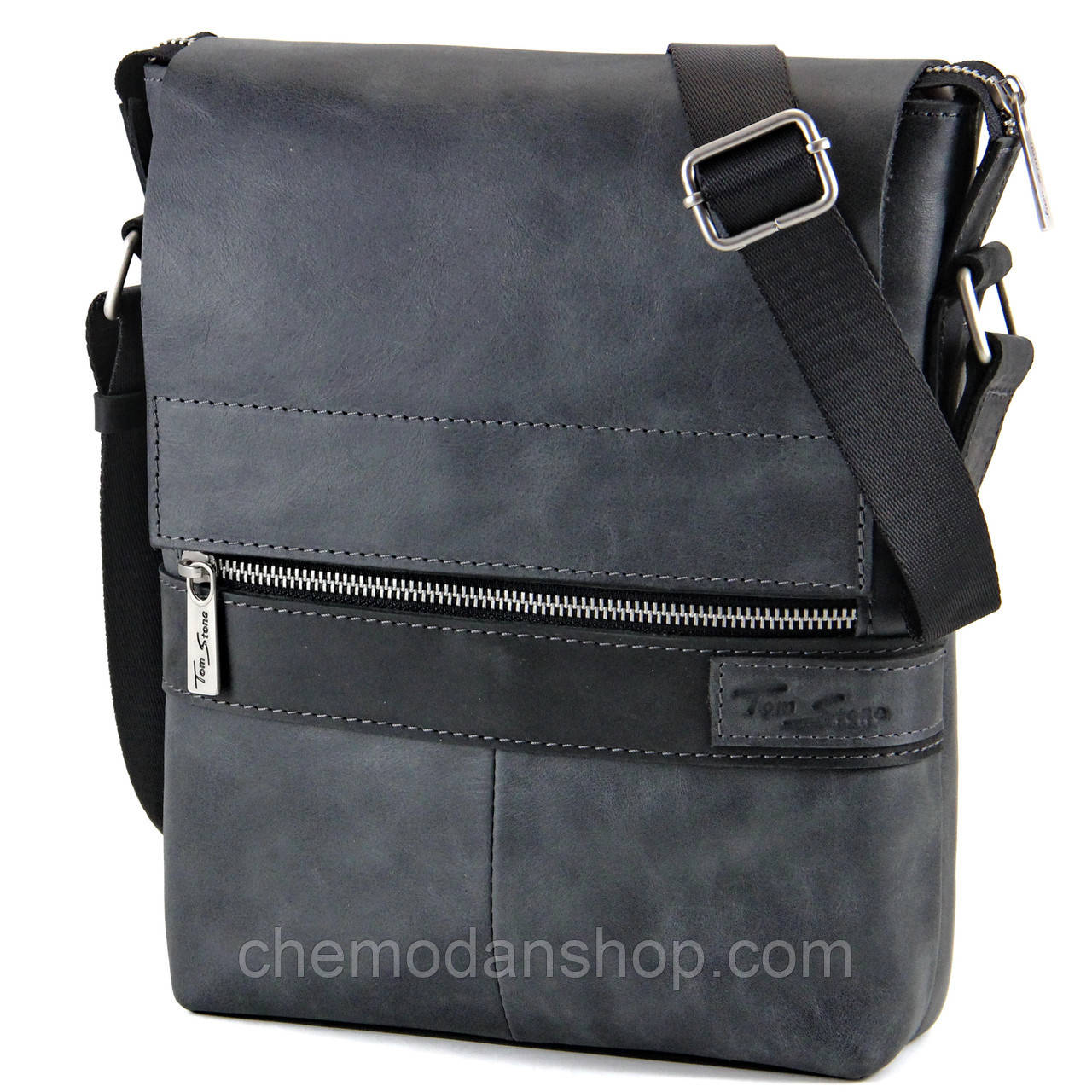 Барсетка чоловіча шкіряна кросбоді Tom Stone 519 TB темно-сіра з клапаном