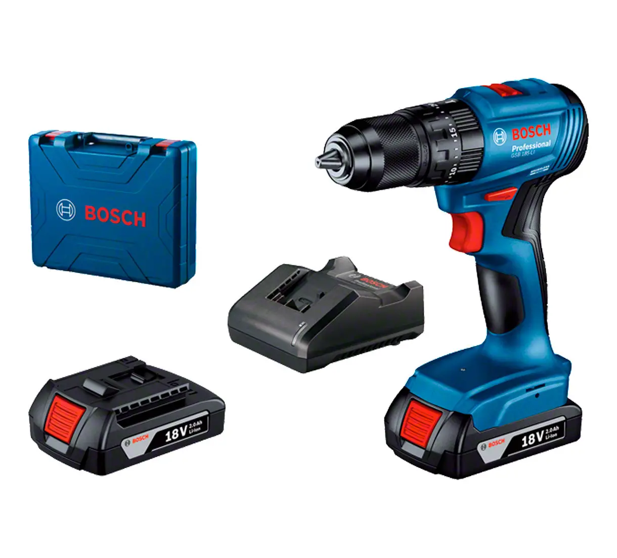 Потужний акумуляторний ударний дриль-шурупокрут Bosch Professional GSB 185-LI із 2 акб GBA 18V 2.0Ah, з/п GAL 18V-20 у кейсі