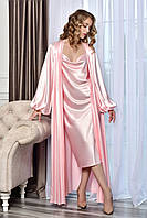 Атласный комплект длинный халат с пеньюаром Розовый 50