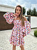 Легка жіноча міні сукня з пишною спідницею та об'ємними рукавами в квітковий принт із льону Sms8536, фото 10