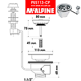 Злив для кухонної мийки 1 1/2x113 мм із сіткою з нержавіючої сталі та автоматичною пробкою PUS113-CP McALPINE, фото 2