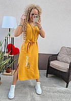 Летнее элегантное льняное платье-сарафан в пол "Paradise" с разрезами и надписью