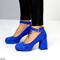 Синие замшевые женские лодочки на широком устойчивом каблуке 9 см, нарядные туфли 36 38