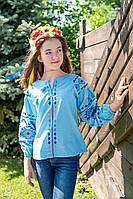 Вышиванка подростковая льняная для девочки голубая. Украинская вышиванка. Размер 64-128