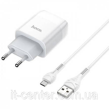 СЗУ блок Hoco C73A (2USB/ 2.4A) + кабель Micro USB білий, фото 2