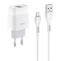СЗУ блок Hoco C73A (2USB/ 2.4A) + кабель Micro USB білий, фото 2