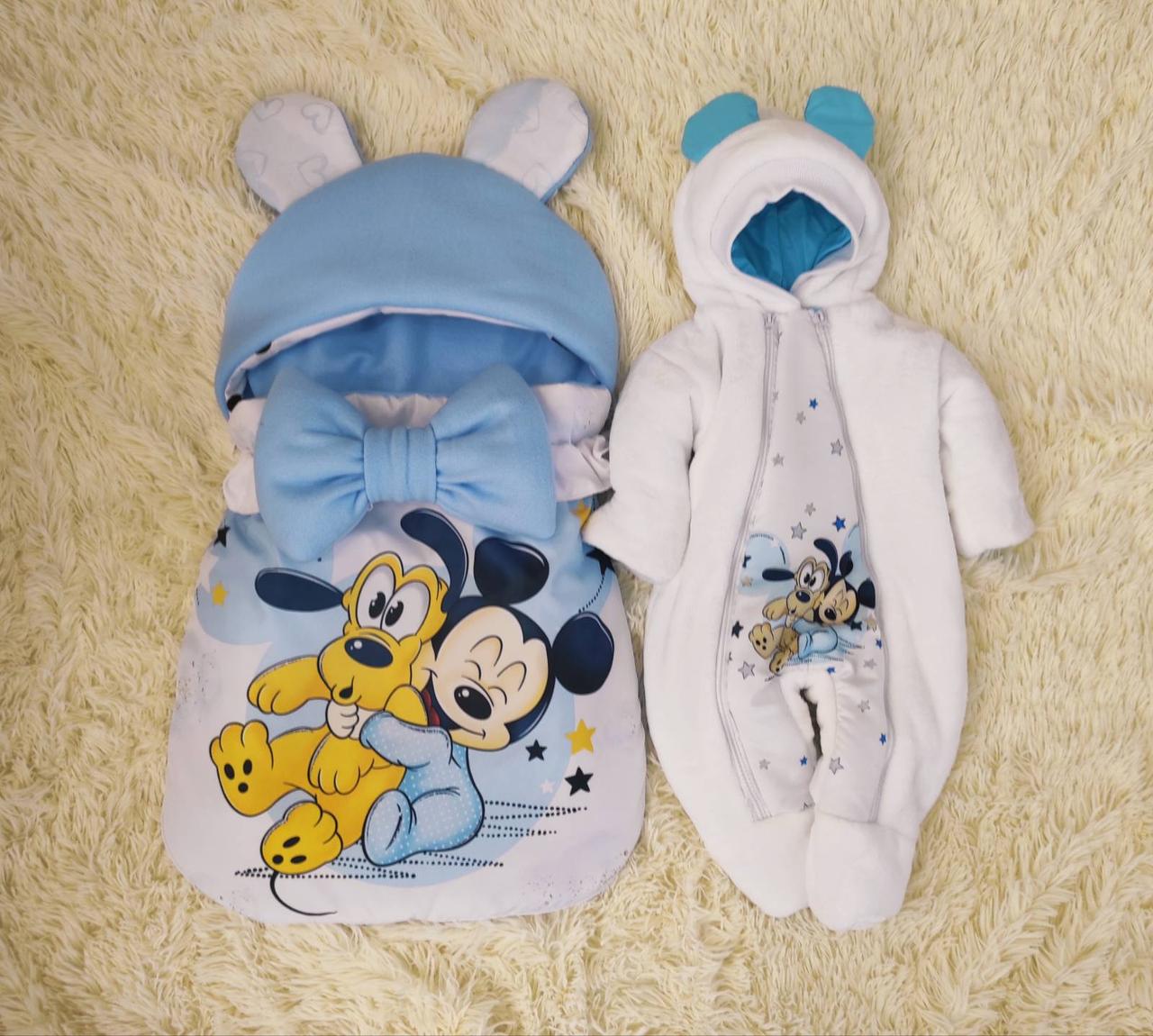 Комплект велюровий комбінезон + конверт спальник з плащової тканини, принт Mikki, фото 1