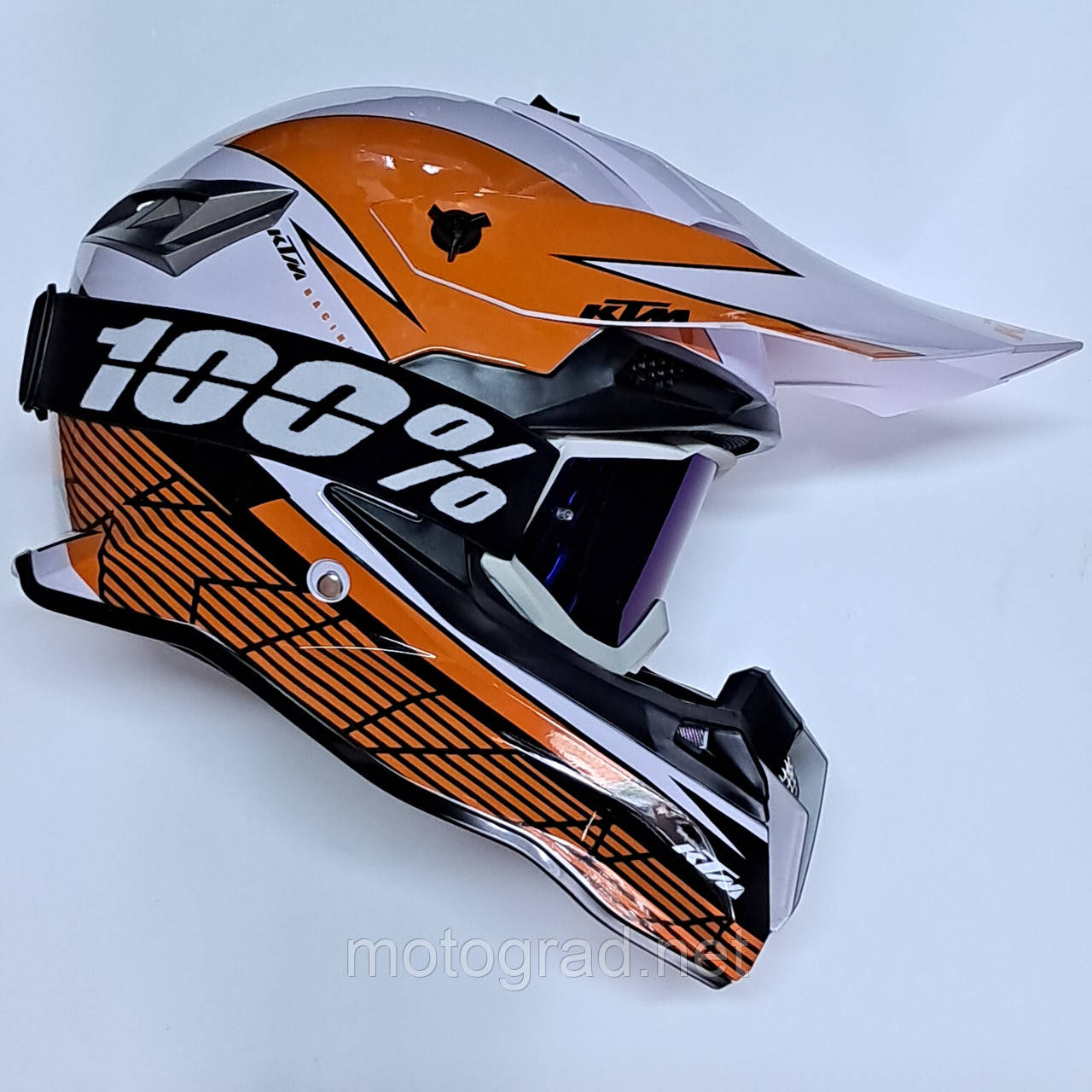 Мото шлем Эндуро KTM Бело-оранжевый Winter с очками 100% в комплекте ...