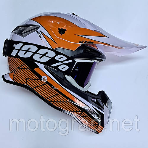 Мото шлем Эндуро KTM Бело-оранжевый Winter с очками 100% в комплекте ...