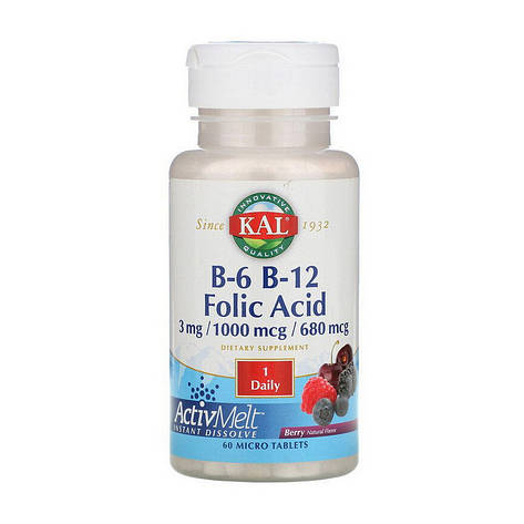 B-6 3 mg B-12 1000 mcg Folic Acid 680 mcg (60 micro tablets, berry), фото 1