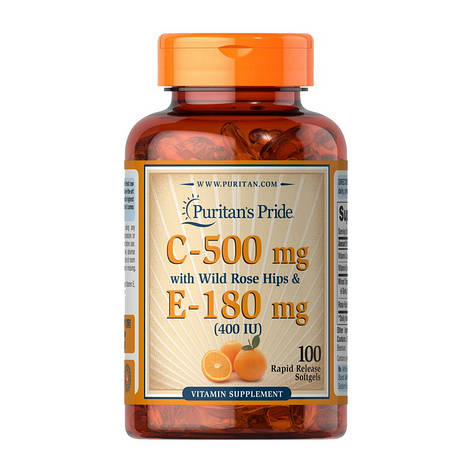 Vitamin C-500 mg with Rose Hips & E-180 mg (100 softgels), фото 1